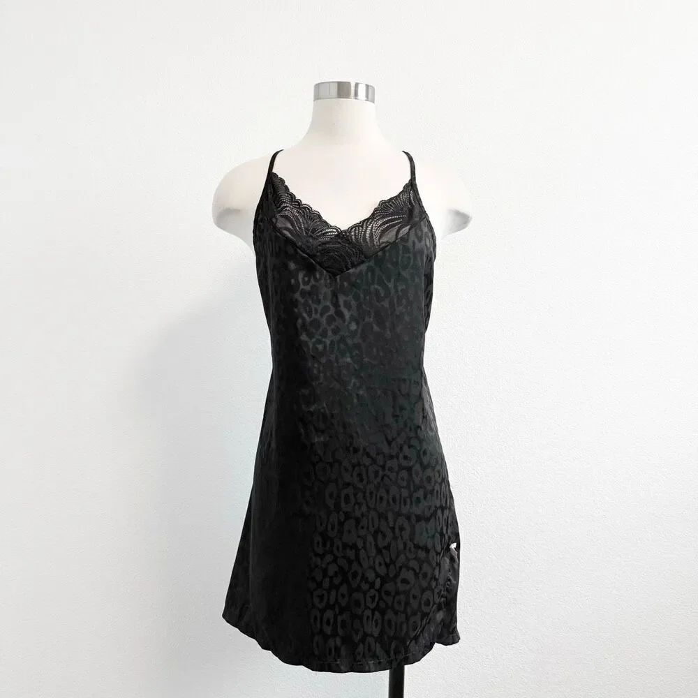 Rachel Roy Black Leopard Cheetah Bow Slip Dress Satin Mini Slit Medium